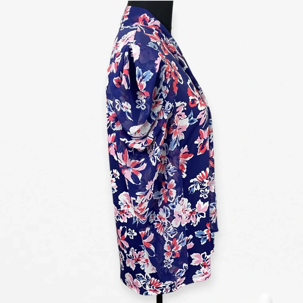 PerSeption Concept Blue Pink Tie scarf Front Ruffled Career v-neck Blouse top L - Picture 4 of 11